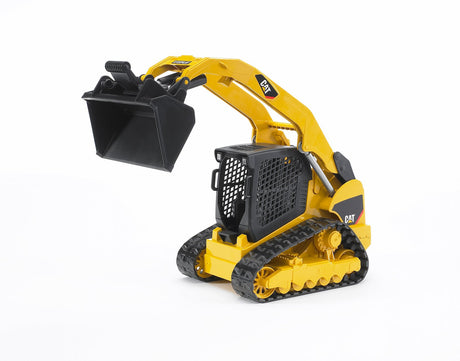 Cat Compact Truck Loader toy with movable arm, rubber tracks, and adjustable loading arm in yellow and black design.