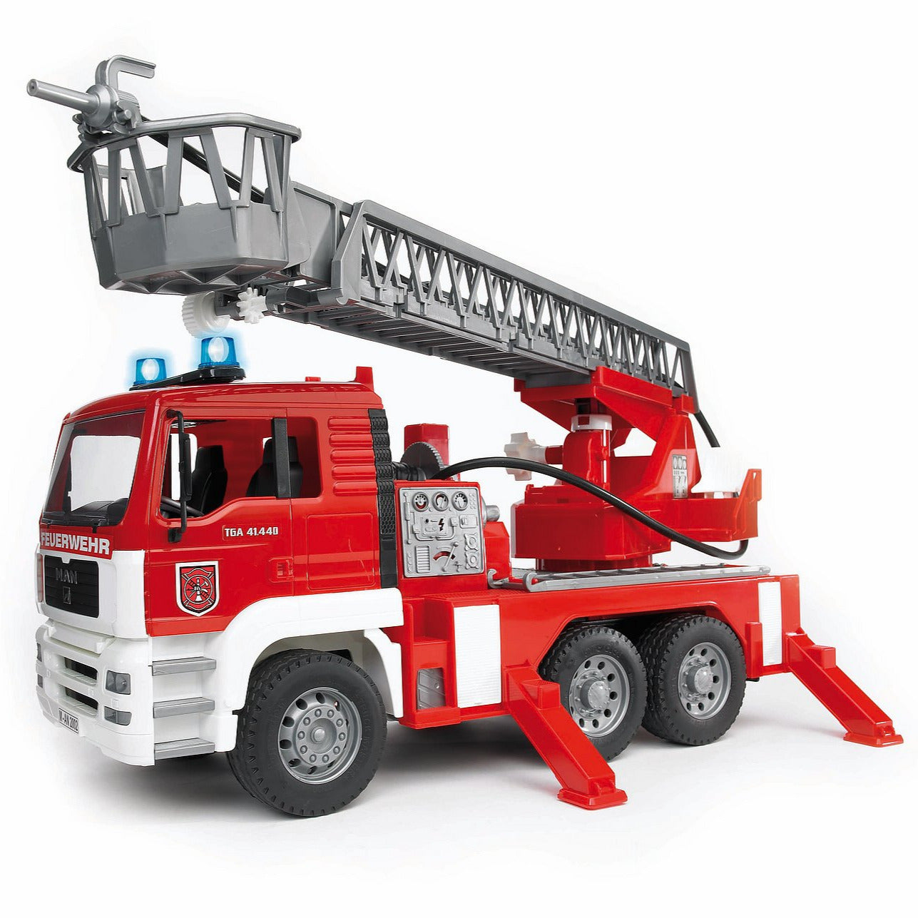 Fire Engine toy with tipping cab, extendable ladder, water pump, coiled hose, outriggers, and light and sound features.