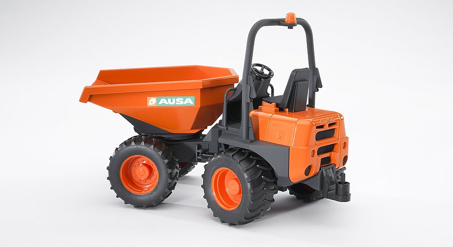 AUSA Minidumper toy model with articulated steering, tipping trough, and rugged off-road design in orange and black.