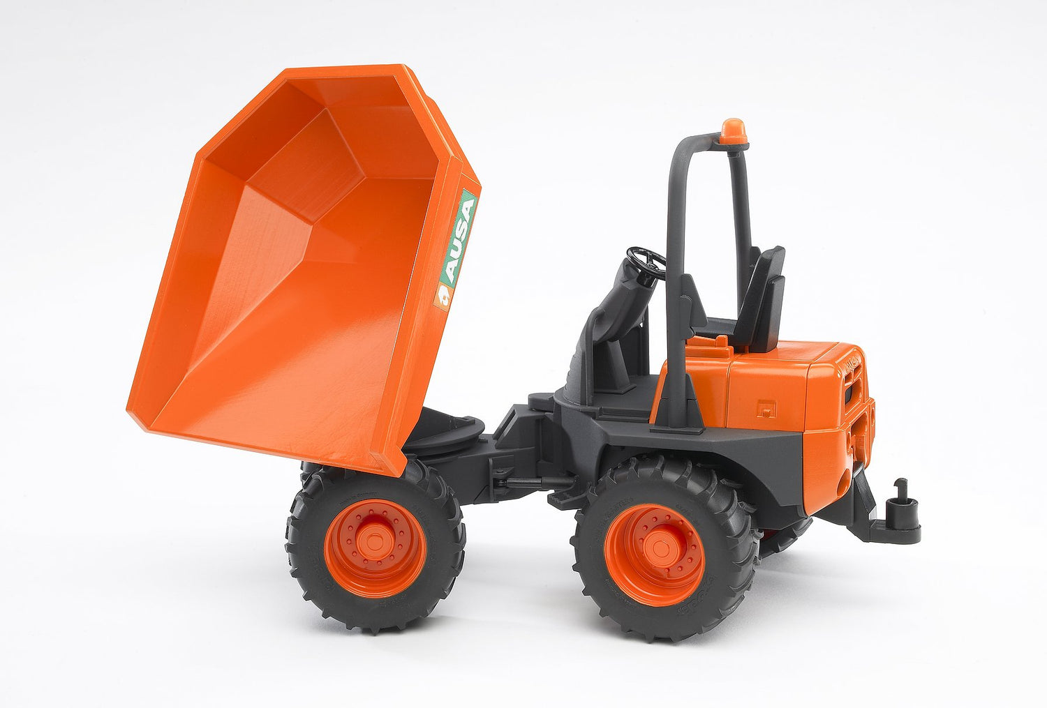 AUSA Minidumper toy model with articulated steering and tipping orange trough, designed for off-road terrain.