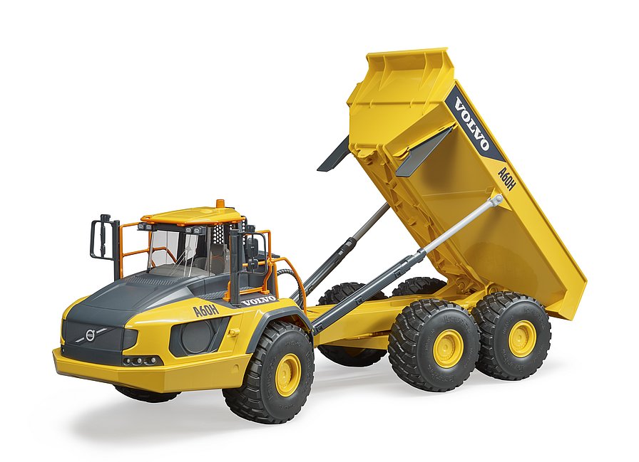Volvo A60H Hauler with tipping bed raised, showcasing articulated steering and large balloon tires for off-road work.