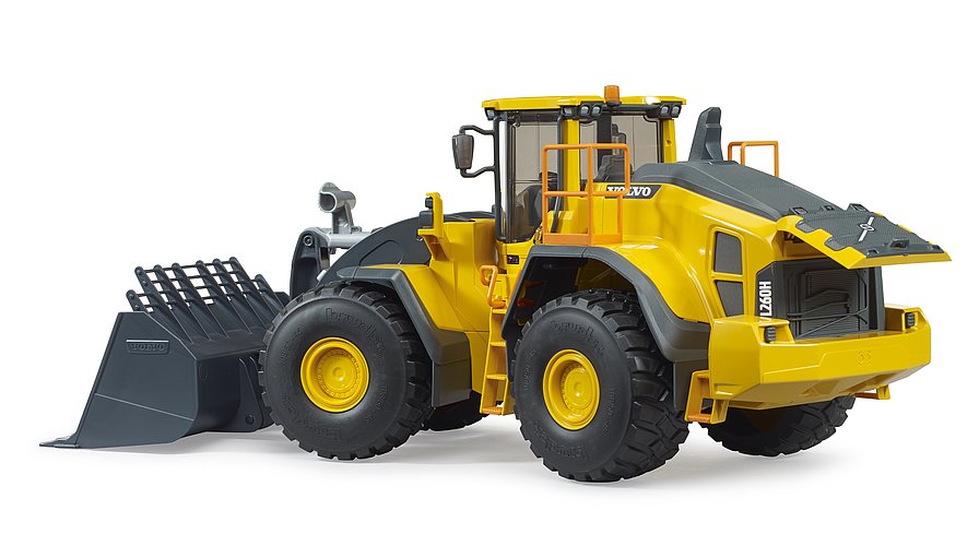Volvo Wheel Loader L260H model with articulated steering, detailed cabin, and tiltable shovel in yellow and black colors