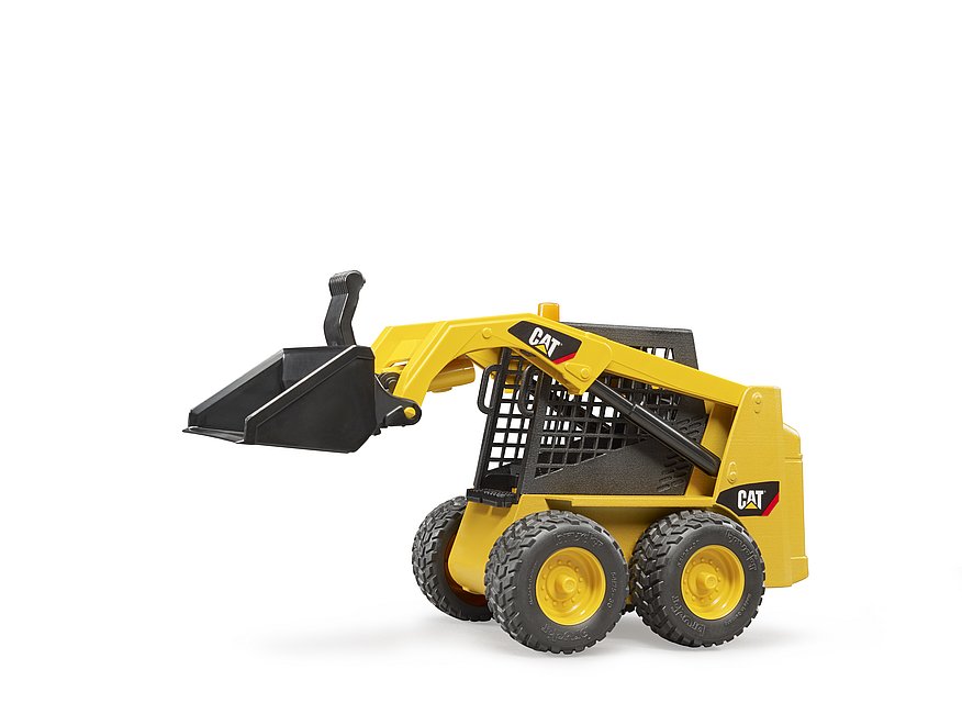 CAT Skid Steer Loader toy model with functional loading arm, detachable front shovel, and tread tyres in yellow and black.