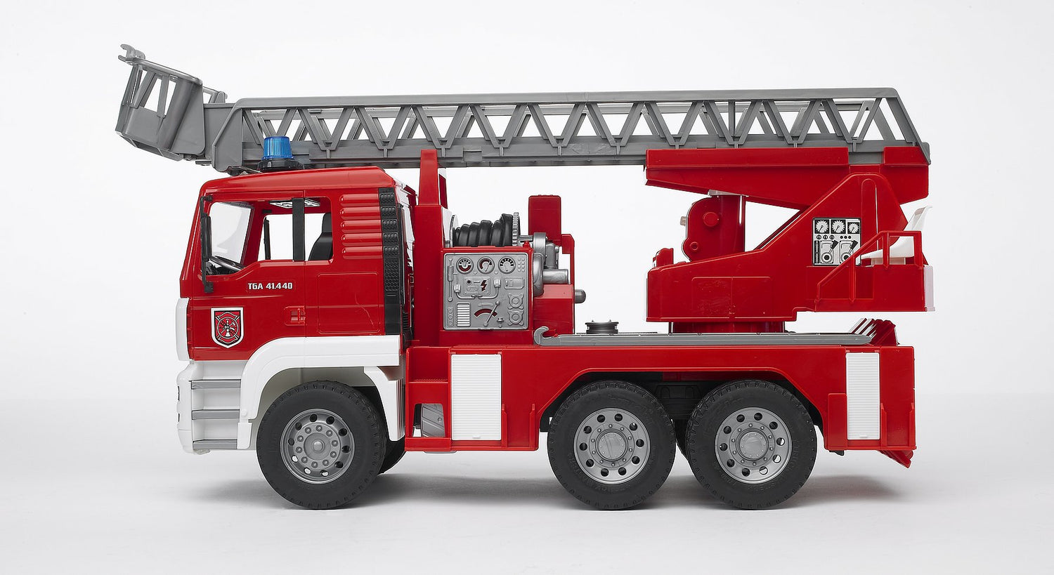 Fire Engine toy with tipping cab, extendable ladder, rescue basket, water pump, hose, and sound module features.
