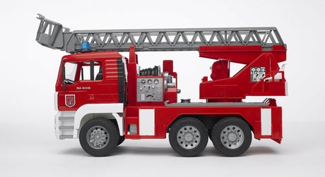 Fire Engine toy with tipping cab, extendable ladder, rescue basket, water pump, hose, and sound module features.