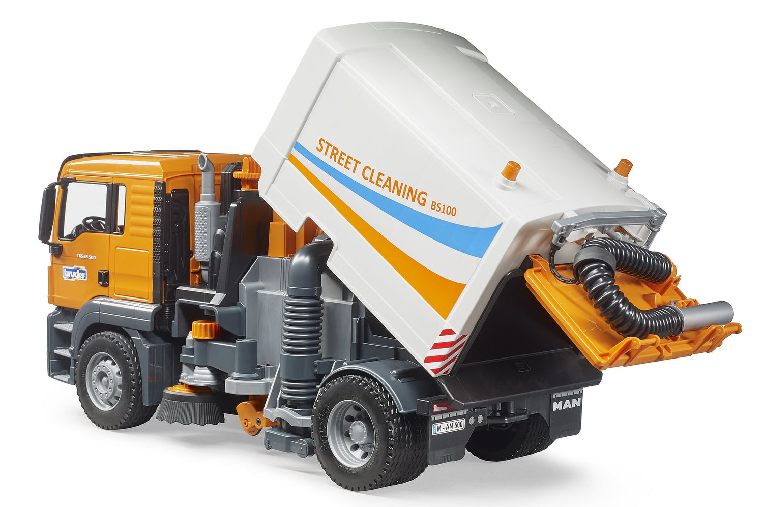 MAN TGA Street Sweeper toy truck with tiltable waste container, rotating brushes, and flexible suction hose for cleaning.