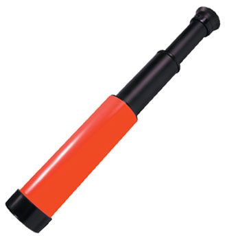 Telescope with extendable arm in black and red tin design, perfect for imaginative adventures, measures 10 inches fully extended.