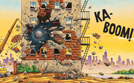 Construction Site Mission Demolition shows a wrecking ball smashing a building at sunset with debris flying around.