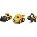 Volvo Construction Vehicle toy set includes a yellow bulldozer, dump truck, and excavator with rolling wheels.