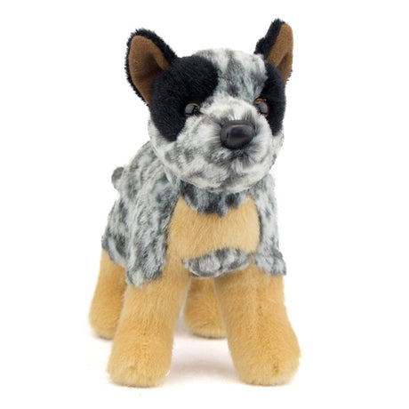Australian Cattle Dog Clanger plush toy with soft gray, black, and tan fur, made by Douglas, 8 inches tall.