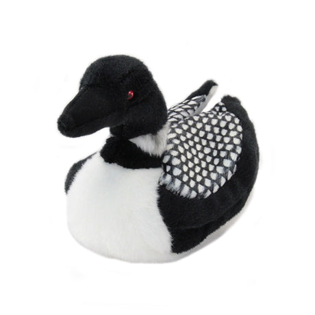 Loon Ludwig plush toy with black and white classic loon markings and distinctive red eyes, soft and machine washable.