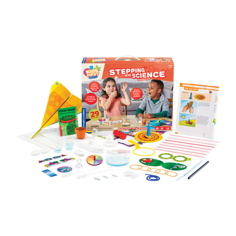 Stepping into Science kit with experiments, tools, guidebook, and kids exploring nature, physics, chemistry, air, and water.