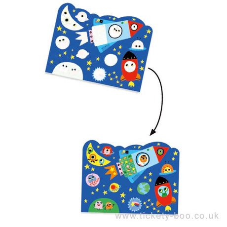 Paint with Water Sky colouring set showing before and after filling with water to reveal fun space-themed images.