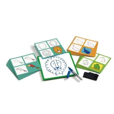 Step by Step Animo and Co set with picture cards, erasable board, and dry wipe pen for drawing animals step by step.