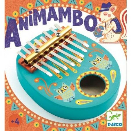 Animambo Kalimba wooden thumb piano painted with colorful owl designs, perfect for children aged 4 and up.
