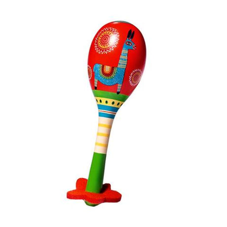 Animambo Llama Maraca wooden rattle toy with bright colors and cute llama design for kids aged 1 and up.