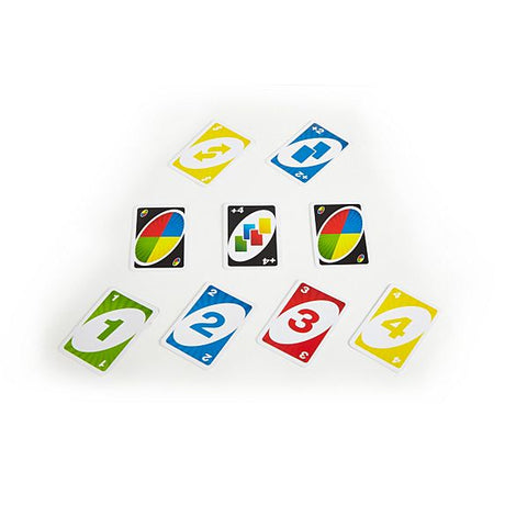 Uno card game showing colorful number and action cards laid out in a fan shape on a white background