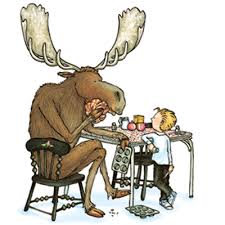 If You Give a Moose a Muffin book illustration of a boy and a moose sharing muffins at a table.