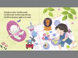 Illustration from "I'm a Big Sister" showing a young girl playing with toys and a baby in a stroller in a sunny garden.