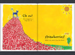 Pete the Cat standing on a hill of strawberries with a sunny yellow background from the book Pete the Cat.