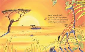 Giraffes Can't Dance board book illustration of Gerald the giraffe with crooked knees in a bright savanna scene.