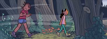 Illustration from Ghosts showing two children walking in a foggy forest in Northern California near the coast.