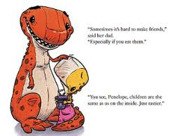 Illustration from We Don't Eat Our Classmates showing Penelope Rex with a small yellow student in a friendly school setting.