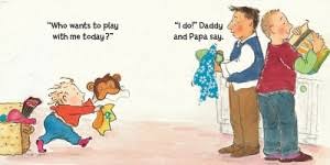 Daddy, Papa, and Me board book illustration showing a toddler with two dads playing and sharing loving moments.