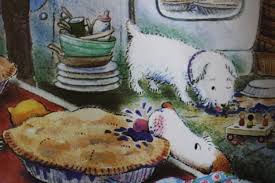 Counting Our Way to Maine book illustration showing two white dogs, kitchen with pie and bowls in cozy home setting