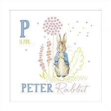 P is for Peter board book cover featuring Peter Rabbit with floral and star illustrations for young children.