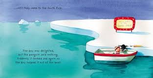 Lost and Found book illustration showing a boy rowing a boat with a penguin toward the South Pole under stormy skies.