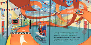 If I Built a House shows a colorful indoor racetrack with slides and imaginative design elements for kids.