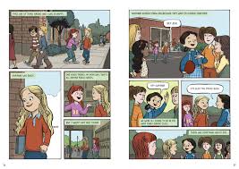 Real Friends book pages showing school scenes with friends Shannon, Adrienne, and Jen in illustrated children’s story.