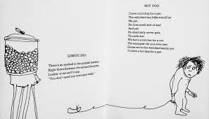 A Light in the Attic book open to a black-and-white illustration of a child tied to a gumball machine and poem on white pages.