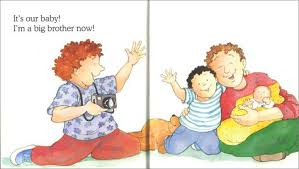 I'm a Big Brother" illustration showing a happy boy with a camera and a parent holding a newborn baby.