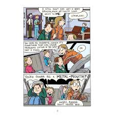 Smile comic panels showing middle school students dealing with braces and friendship challenges in a colorful, expressive style.