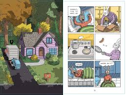 Mr Wolf's Class cover showing a cozy house and comic panels of characters in humorous school scenes.