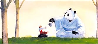 Illustration from Zen Shorts showing a giant panda in a robe sharing stories with a child outdoors.