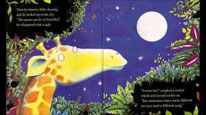 Giraffes Can't Dance book illustration showing Gerald the giraffe under a starry night sky with moon and plants.