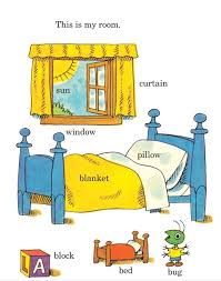 Richard Scarry's Best Little Board Book Ever page showing labeled bedroom items like bed, pillow, blanket, curtain, and window.