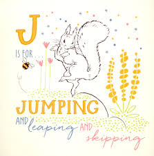P is for Peter board book page showing a squirrel with jumping, leaping, and skipping words for young children.