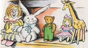 Corduroy teddy bear standing with colorful toys including a rabbit, giraffe, and dolls on a shelf.