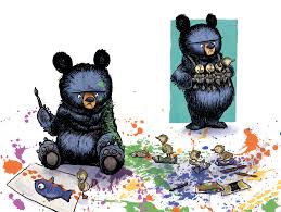 Mother Bruce book illustration showing Bruce the bear with goslings and colorful paint splatters on the floor.