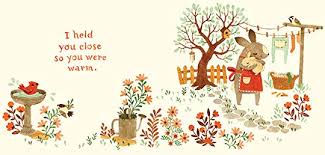 Bunny Roo, I Love You board book page showing a mama animal holding baby with flowers and trees in soft colors.