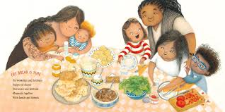 Fry Bread showing a joyful Native American family sharing a meal with fry bread and traditional dishes on the table.