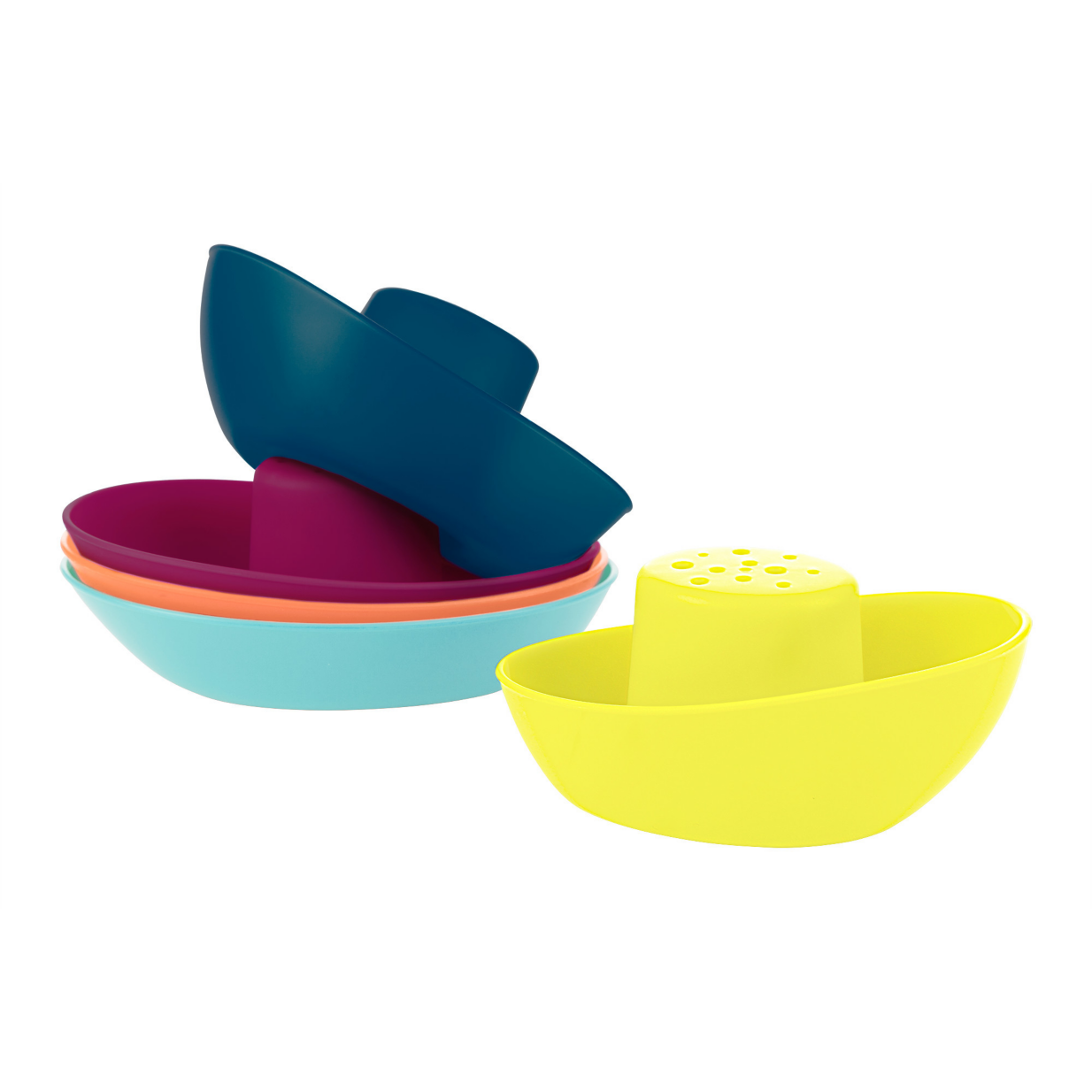 FLEET Stacking Boats set of five colorful stackable plastic boats with wide decks and drain holes for water play.