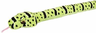 Green Rock Rattler Snake plush toy with fuzzy green fur, black spots, 54-inch long stuffed snake for cuddling and play.