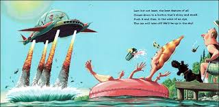 If I Built a Car book illustration showing a futuristic flying car launching with rocket flames over water.