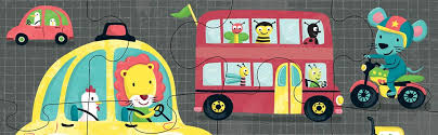 12pc On the Road Pouch Puzzle showing colorful animal characters in vehicles like a taxi, doubledecker bus, and motorcycle.