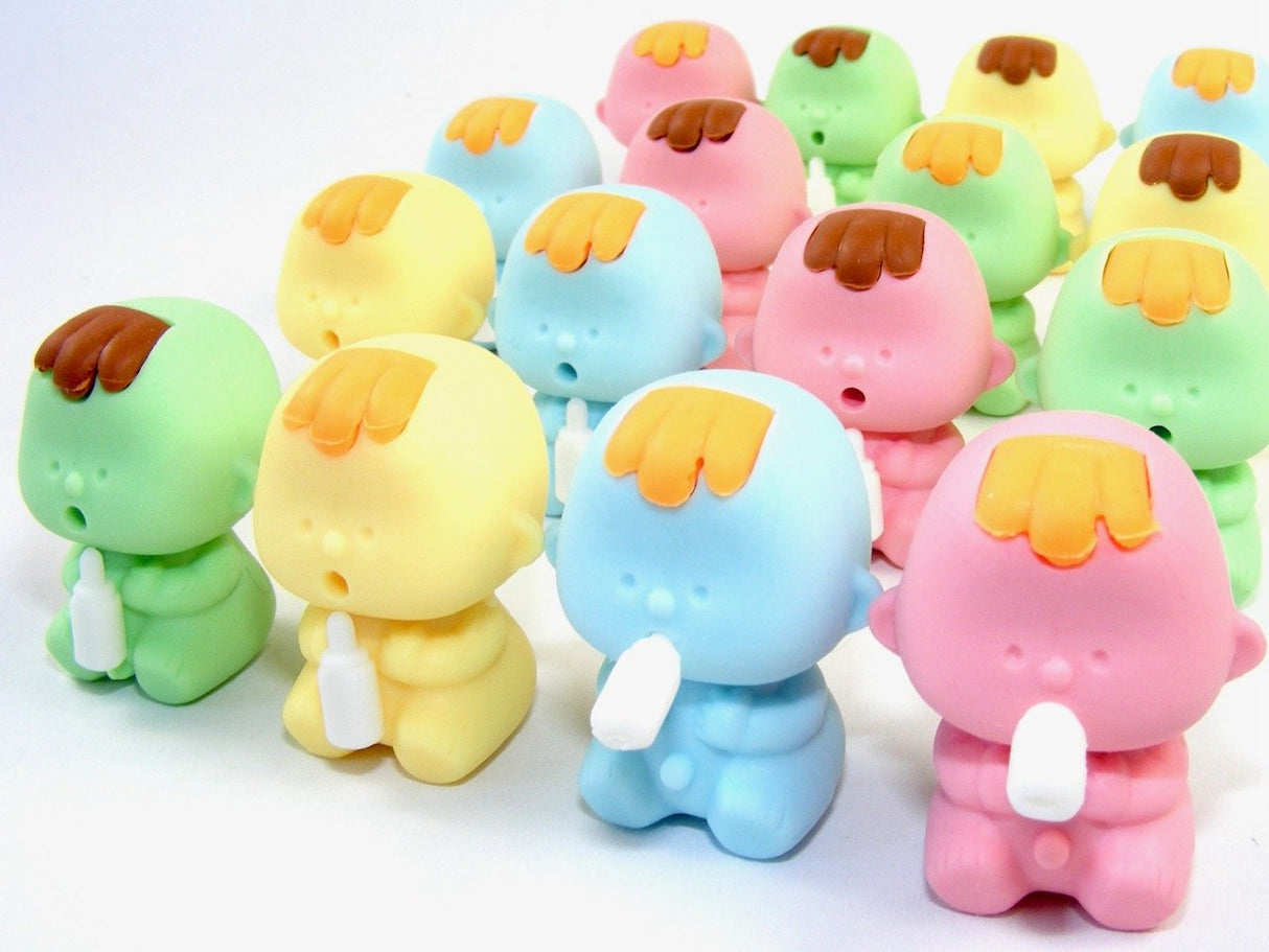 Japanese Eraser Baby puzzle eraser toys in assorted pastel colors holding white bottles, made in Japan and eco-friendly.